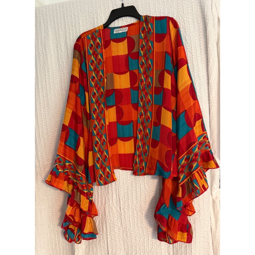 Karma Nepal Craft Women OS Multicolor Silk Ruffle Bell Sleeve Top